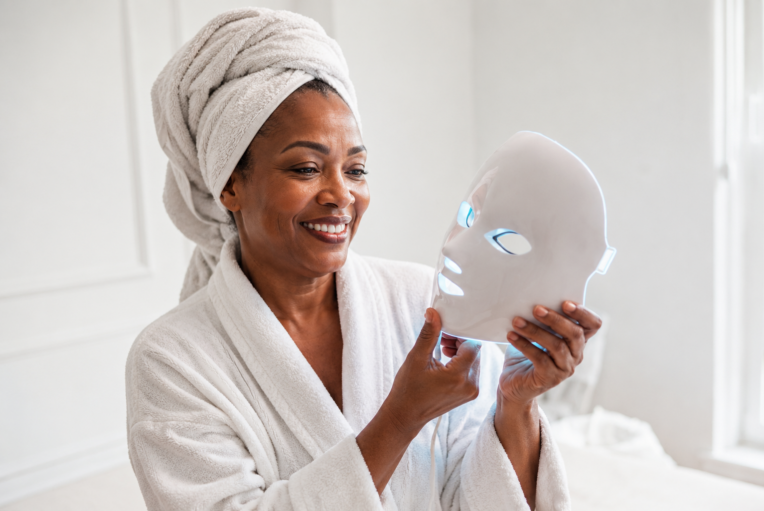 Femme utilisant le masque LED Blum Beauty